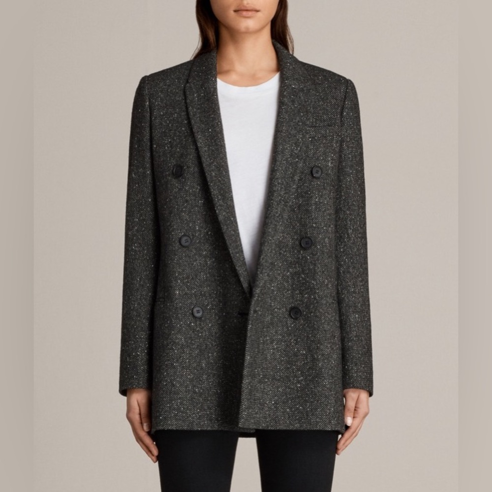 All Saints Charcoal Gray Double-Breasted Wool Blazer
